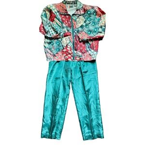 Vintage EVR Silk Track Suit Windbreaker Jacket Pants Set Jade Green Size M